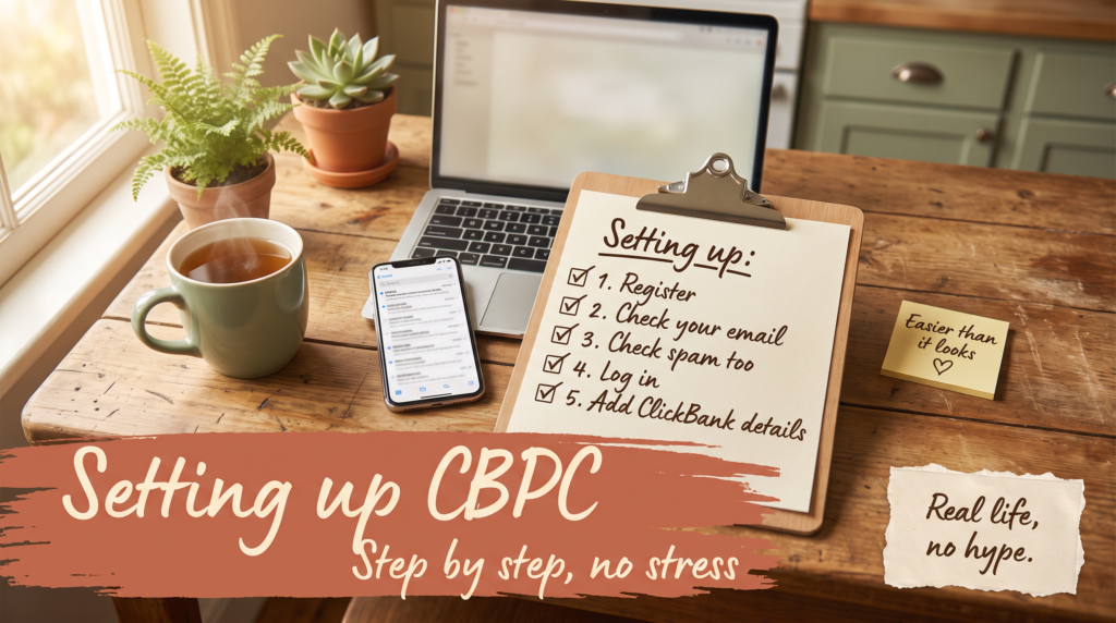 Kitchen table with a laptop, phone and a clipboard checklist titled Setting up, under the words Setting up CBPC
