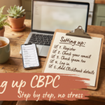 Kitchen table with a laptop, phone and a clipboard checklist titled Setting up, under the words Setting up CBPC