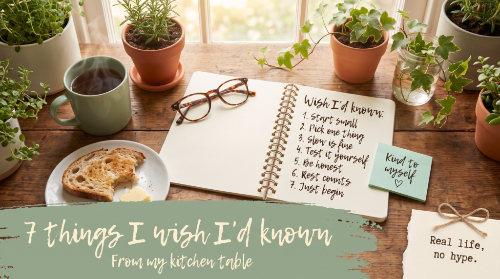 Kitchen table with tea, toast and a notebook titled Wish I'd known listing seven short lessons