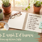 Kitchen table with tea, toast and a notebook titled Wish I'd known listing seven short lessons