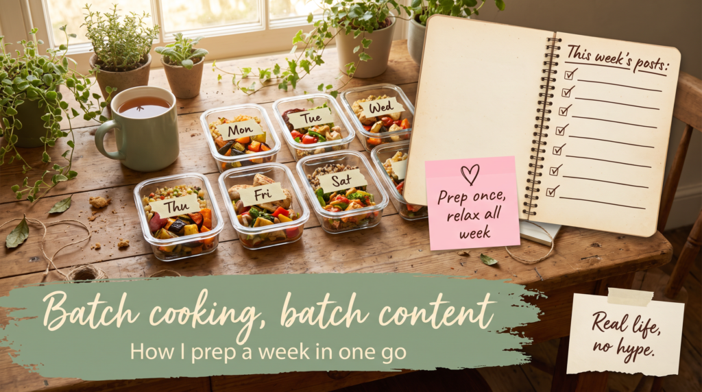 Seven labelled meal-prep tubs and a notebook of this week's posts, under the words Batch cooking, batch content