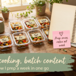 Seven labelled meal-prep tubs and a notebook of this week's posts, under the words Batch cooking, batch content