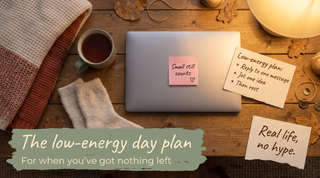 Cosy coffee table with blanket, tea, socks and a low-energy plan card, under the words The low-energy day plan