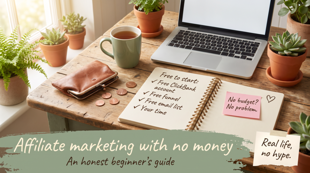 Kitchen table with an open purse, laptop and a Free to start checklist, under the words Affiliate marketing with no money