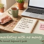 Kitchen table with an open purse, laptop and a Free to start checklist, under the words Affiliate marketing with no money