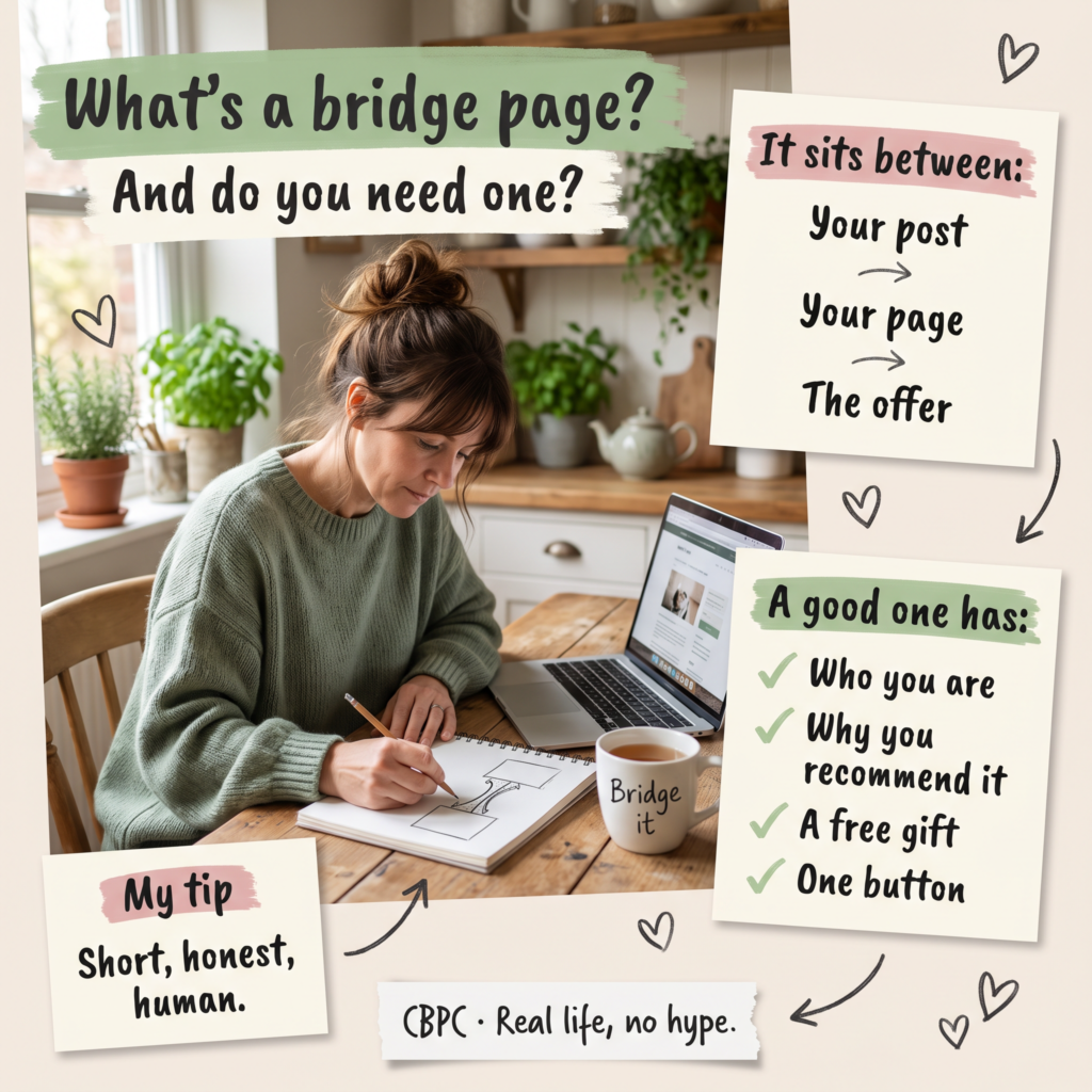 Infographic of a woman sketching a bridge between two boxes, explaining what a bridge page is and what it needs