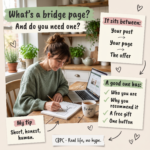 Infographic of a woman sketching a bridge between two boxes, explaining what a bridge page is and what it needs