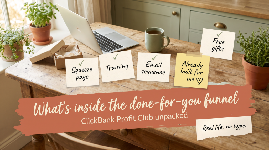 Open gift box beside a laptop with cards for squeeze page, free gifts, training and email sequence, under done-for-you funnel