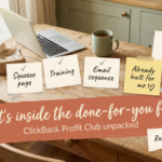 Open gift box beside a laptop with cards for squeeze page, free gifts, training and email sequence, under done-for-you funnel
