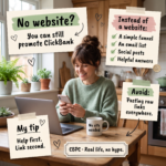 Infographic of a woman smiling at her phone, listing ways to promote ClickBank without a website