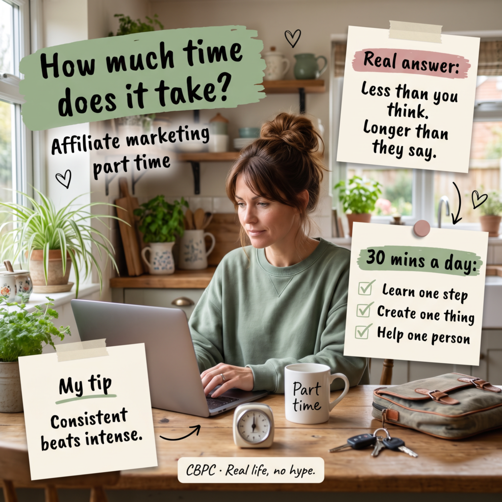 Infographic of a woman with a laptop and timer, explaining how much time part-time affiliate marketing takes