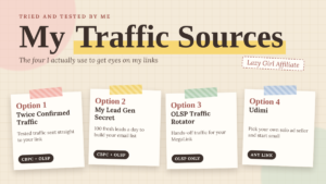 Scrapbook-style graphic titled My Traffic Sources showing four affiliate marketing traffic options on taped note cards: Twice Confirmed Traffic, My Lead Gen Secret, OLSP Traffic Rotator and Udimi.