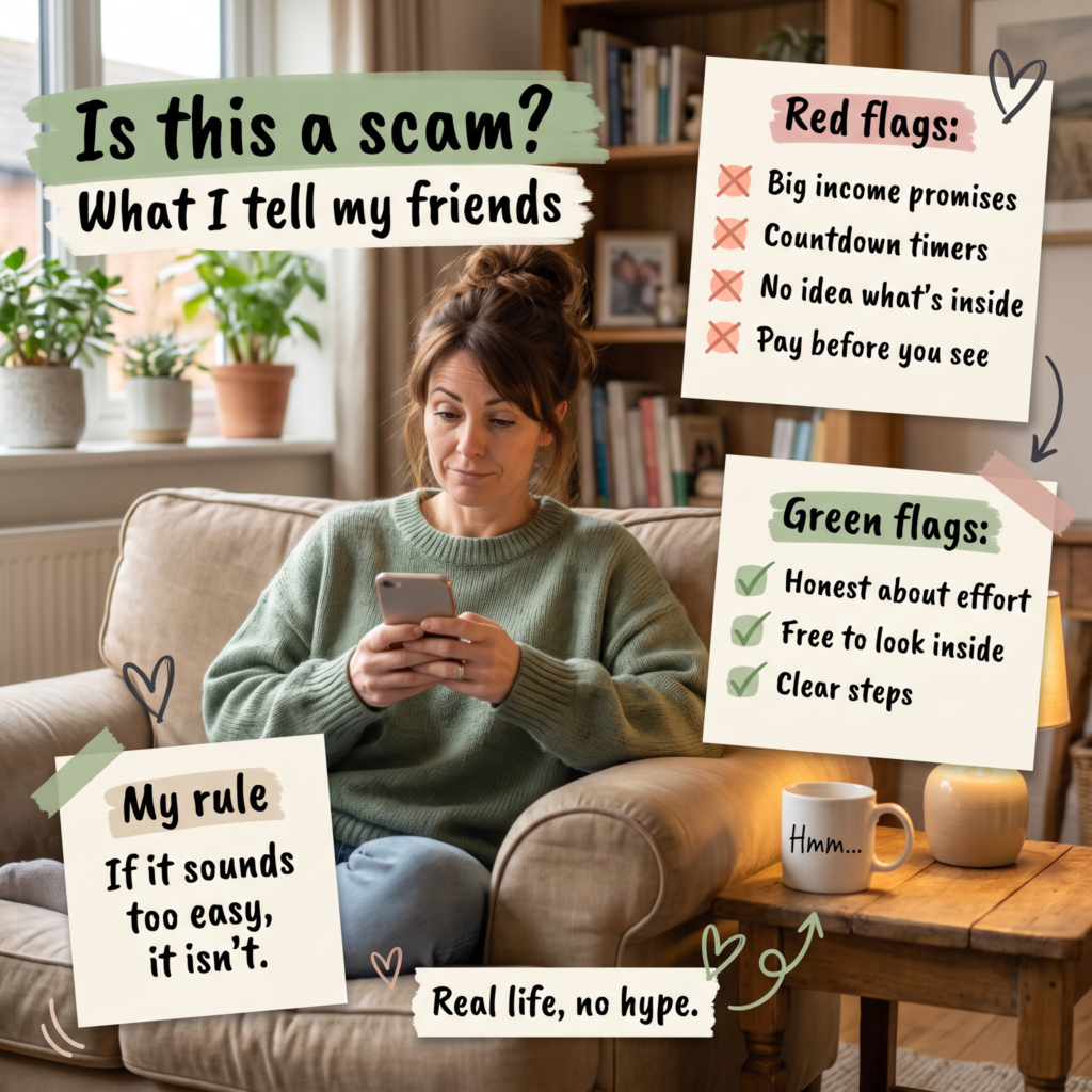 Infographic of a woman eyeing her phone sceptically, listing red flags and green flags for online opportunities