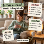Infographic of a woman eyeing her phone sceptically, listing red flags and green flags for online opportunities