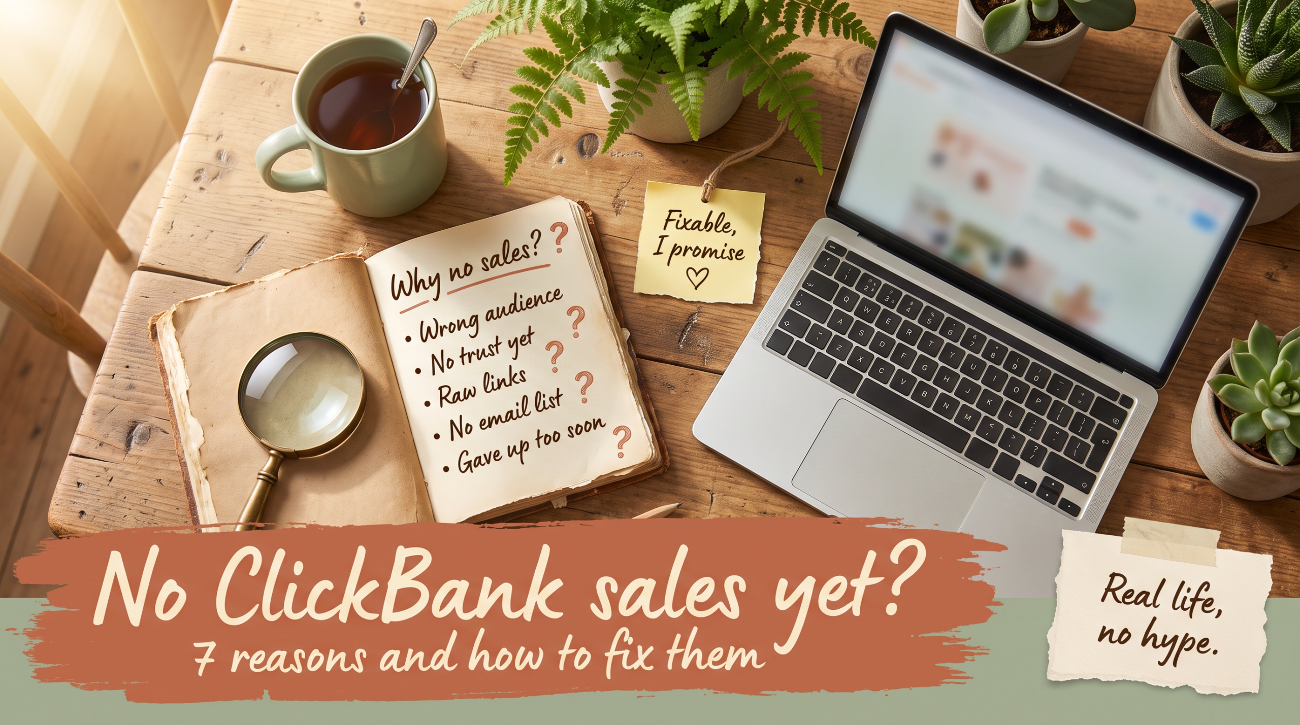 Notebook titled Why no sales listing five reasons beside a magnifying glass, under the words No ClickBank sales yet