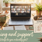 Laptop showing a blurred video call, headphones and a calendar with coaching calls circled, under Coaching and support