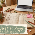 Monthly planner with four weeks labelled set up, learn, share and review, under the words Your first 30 days
