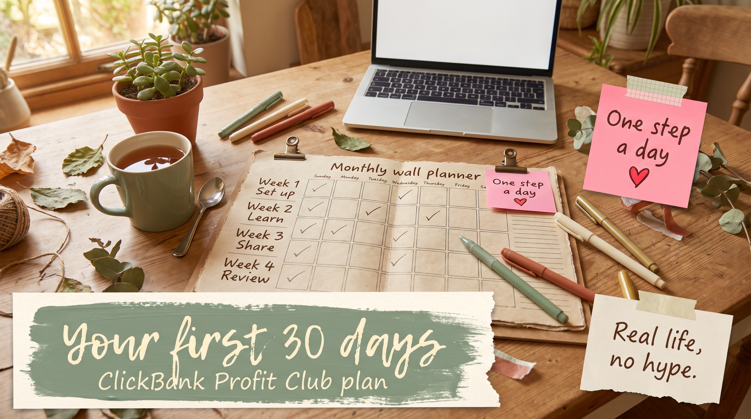 Monthly planner with four weeks labelled set up, learn, share and review, under the words Your first 30 days