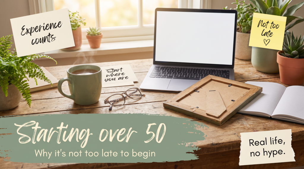 Kitchen table with reading glasses, a laptop and a card reading Experience counts, under the words Starting over 50