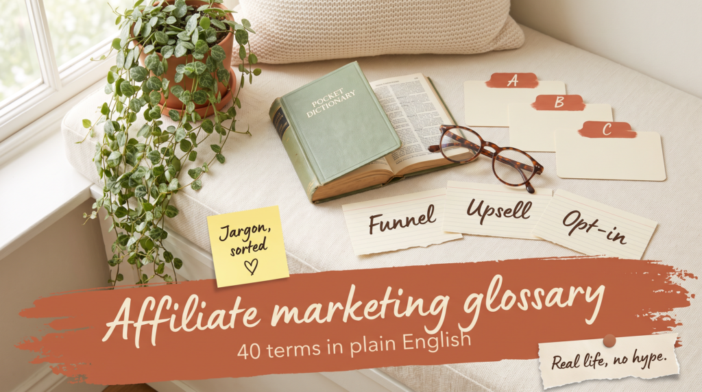 Pocket dictionary and index cards reading Funnel, Upsell and Opt-in on a window seat, under Affiliate marketing glossary