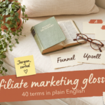Pocket dictionary and index cards reading Funnel, Upsell and Opt-in on a window seat, under Affiliate marketing glossary